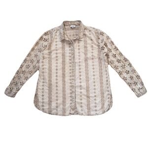 Chic C. L Beige Striped Eyelet Broderie Anglaise Button-Up Shirt Boho Chic Top